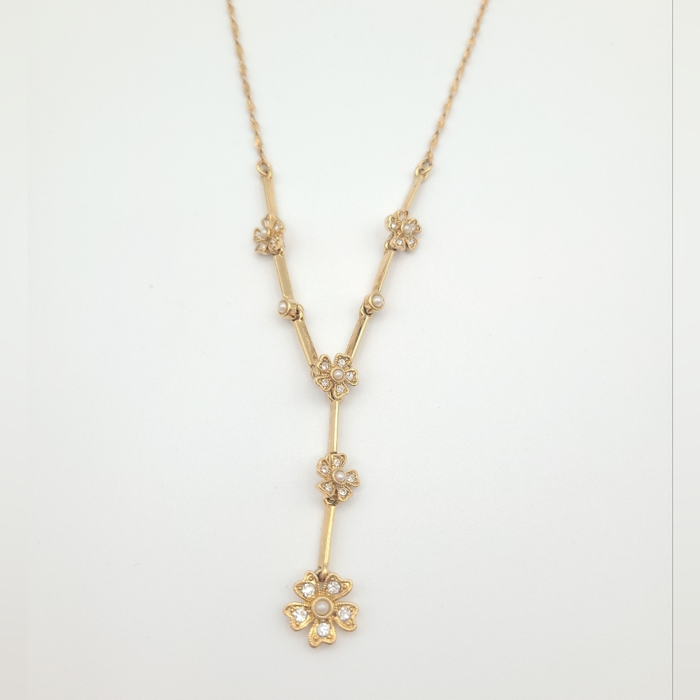Vintage Avon Gold Tone Floral Y Necklace Faux Pearl Lariat